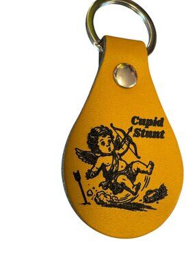 Cupid Stunt Leather Keychain, Yellow, Teardrop Shape, Engraved Cupid Design